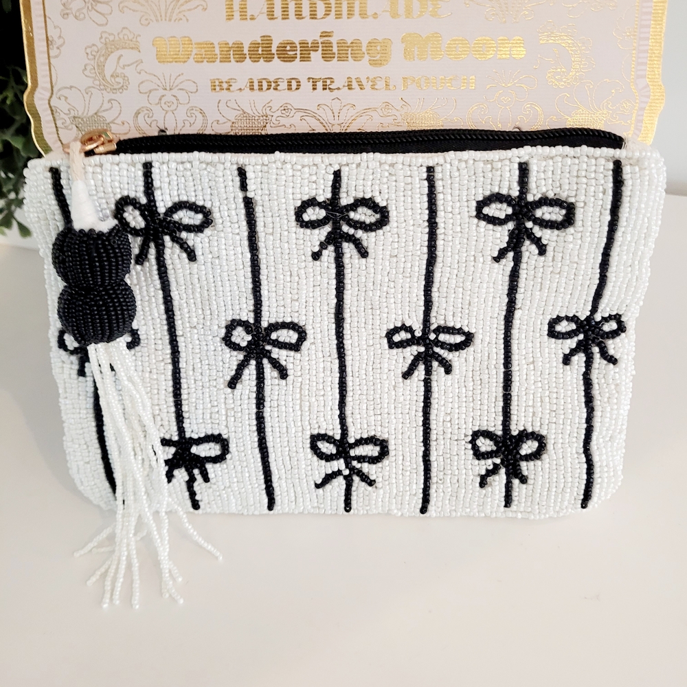 Wandering Moon Glass Black and White Beaded Travel Pouch